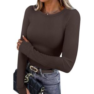 imageXIEERDUO Long Sleeve Thermal Shirt for Women Fleece Slim Fit Tops Crewneck Basic TShirts with Thumb Holes Fall Fashion 2025Chocolate Brown