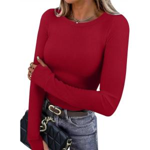 imageXIEERDUO Long Sleeve Thermal Shirt for Women Fleece Slim Fit Tops Crewneck Basic TShirts with Thumb Holes Fall Fashion 2025Red