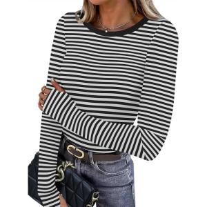 imageXIEERDUO Long Sleeve Thermal Shirt for Women Fleece Slim Fit Tops Crewneck Basic TShirts with Thumb Holes Fall Fashion 2025Stripeblack  White