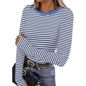 imageXIEERDUO Long Sleeve Thermal Shirt for Women Fleece Slim Fit Tops Crewneck Basic TShirts with Thumb Holes Fall Fashion 2025Stripeblue  White