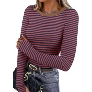 imageXIEERDUO Long Sleeve Thermal Shirt for Women Fleece Slim Fit Tops Crewneck Basic TShirts with Thumb Holes Fall Fashion 2025Stripebrown  Blue
