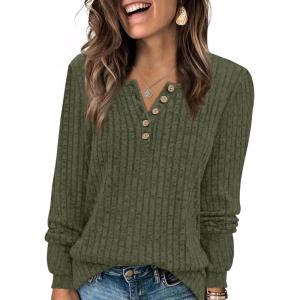 imageXIEERDUO Sweater for Women Long Sleeve Henley Shirts Fall Tunic Tops to Wear with Leggings Crew Neck Outfits Trendy 2025Armygreen