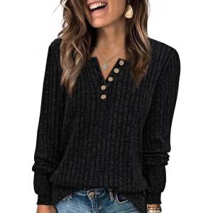 imageXIEERDUO Sweater for Women Long Sleeve Henley Shirts Fall Tunic Tops to Wear with Leggings Crew Neck Outfits Trendy 2025Black
