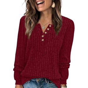 imageXIEERDUO Sweater for Women Long Sleeve Henley Shirts Fall Tunic Tops to Wear with Leggings Crew Neck Outfits Trendy 2025Burgundy