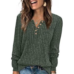 imageXIEERDUO Sweater for Women Long Sleeve Henley Shirts Fall Tunic Tops to Wear with Leggings Crew Neck Outfits Trendy 2025Green
