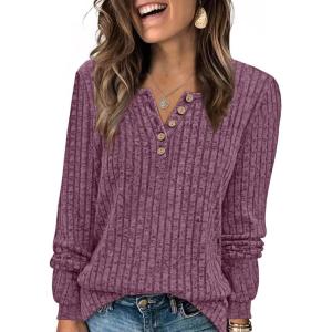 imageXIEERDUO Sweater for Women Long Sleeve Henley Shirts Fall Tunic Tops to Wear with Leggings Crew Neck Outfits Trendy 2025Purple Red