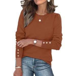 imageWomens Sweaters Fall Fashion 2025 Long Sleeve Button Cuff Soft Knit Pullover Trendy Tops Dressy Casual BlousesCaramel