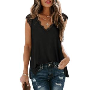 imageXIEERDUO Womens V Neck Lace Tank Tops Summer Casual Sleeveless Shirts Tops Side SplitAablack