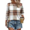 imageXIEERDUO 34 Length Sleeve Womens Tops and Blouses Dressy Casual Crewneck T Shirts Fashion Clothes Loose Fit TrendyZ Plaid Brown