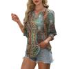 imageXIEERDUO Blouses for Women Dressy Casual 34 Length Sleeve Womens Tops V Neck T Shirts with Smocked CuffsOblue Print