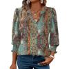 imageXIEERDUO Blouses for Women Dressy Casual 34 Length Sleeve Womens Tops V Neck T Shirts with Smocked CuffsOblue Print
