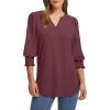 imageXIEERDUO Blouses for Women Dressy Casual 34 Length Sleeve Womens Tops V Neck T Shirts with Smocked CuffsPburgundy