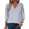 imageXIEERDUO Blouses for Women Dressy Casual 34 Length Sleeve Womens Tops V Neck T Shirts with Smocked CuffsWblue Stripes