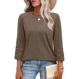 imageXIEERDUO 34 Length Sleeve Womens Tops and Blouses Dressy Casual Crewneck T Shirts Fashion Clothes Loose Fit TrendyCoffee