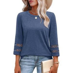 imageXIEERDUO 34 Length Sleeve Womens Tops and Blouses Dressy Casual Crewneck T Shirts Fashion Clothes Loose Fit TrendyNavy