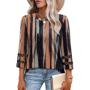 imageXIEERDUO 34 Length Sleeve Womens Tops and Blouses Dressy Casual Crewneck T Shirts Fashion Clothes Loose Fit TrendyZ Multi Stripe