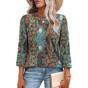 imageXIEERDUO 34 Length Sleeve Womens Tops and Blouses Dressy Casual Crewneck T Shirts Fashion Clothes Loose Fit TrendyZ Print Black