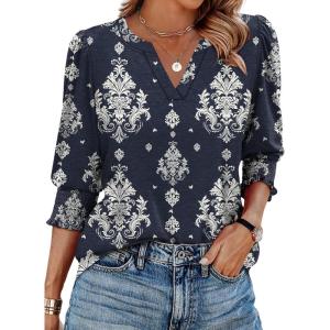 imageXIEERDUO Blouses for Women Dressy Casual 34 Length Sleeve Womens Tops V Neck T Shirts with Smocked CuffsMnavy Blue Pattern