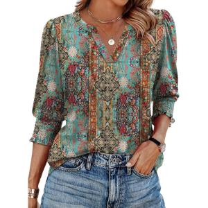 imageXIEERDUO Blouses for Women Dressy Casual 34 Length Sleeve Womens Tops V Neck T Shirts with Smocked CuffsOblue Print