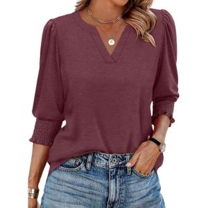 imageXIEERDUO Blouses for Women Dressy Casual 34 Length Sleeve Womens Tops V Neck T Shirts with Smocked CuffsPburgundy