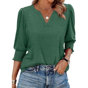 imageXIEERDUO Blouses for Women Dressy Casual 34 Length Sleeve Womens Tops V Neck T Shirts with Smocked CuffsQdark Green