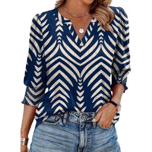imageXIEERDUO Blouses for Women Dressy Casual 34 Length Sleeve Womens Tops V Neck T Shirts with Smocked CuffsRnavy Blue Stripes