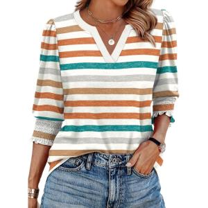 imageXIEERDUO Blouses for Women Dressy Casual 34 Length Sleeve Womens Tops V Neck T Shirts with Smocked CuffsSorange Stripes