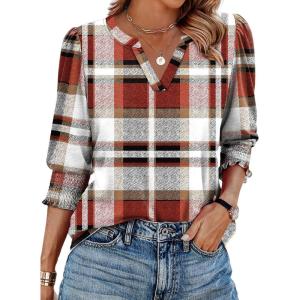 imageXIEERDUO Blouses for Women Dressy Casual 34 Length Sleeve Womens Tops V Neck T Shirts with Smocked CuffsTred Plaid