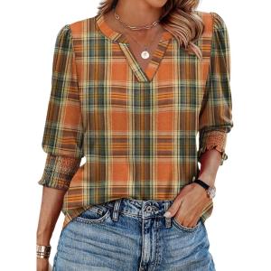 imageXIEERDUO Blouses for Women Dressy Casual 34 Length Sleeve Womens Tops V Neck T Shirts with Smocked CuffsUorange Plaid