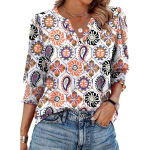 imageXIEERDUO Blouses for Women Dressy Casual 34 Length Sleeve Womens Tops V Neck T Shirts with Smocked CuffsVcolorful Print
