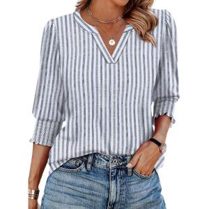 imageXIEERDUO Blouses for Women Dressy Casual 34 Length Sleeve Womens Tops V Neck T Shirts with Smocked CuffsWblue Stripes