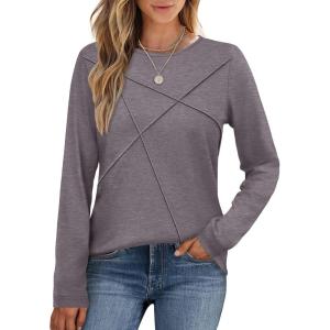 imageXIEERDUO Long Sleeve Shirts for Women Business Casual Tops Trendy Crewneck Fall T Shirts Pleated Loose FitCoffee Grey