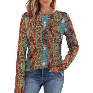 imageXIEERDUO Long Sleeve Shirts for Women Business Casual Tops Trendy Crewneck Fall T Shirts Pleated Loose FitD Colorful Boho