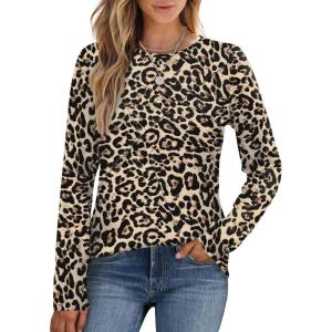 imageXIEERDUO Long Sleeve Shirts for Women Business Casual Tops Trendy Crewneck Fall T Shirts Pleated Loose FitD Leopard