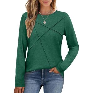 imageXIEERDUO Long Sleeve Shirts for Women Business Casual Tops Trendy Crewneck Fall T Shirts Pleated Loose FitGreen