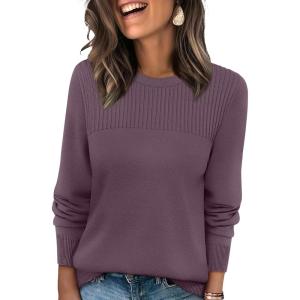 imageXIEERDUO Sweaters for Women Long Sleeve Shirts Round Neck Ribbed Knit Pullover Sweater Fashion ClothingGray Purple