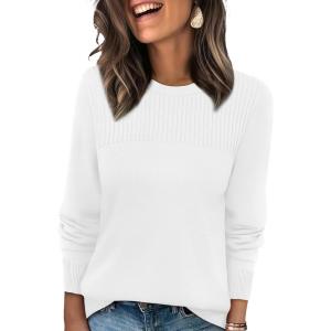 imageXIEERDUO Sweaters for Women Long Sleeve Shirts Round Neck Ribbed Knit Pullover Sweater Fashion ClothingWhite