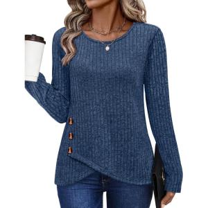 imageXIEERDUO Tunic Sweaters for Women Long Sleeve Shirts Crew Neck Tops with Buttons Fall Fashion Outfits Winter ClothingDeep Blue