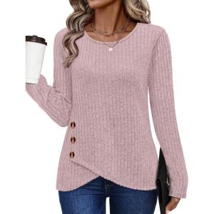 imageXIEERDUO Tunic Sweaters for Women Long Sleeve Shirts Crew Neck Tops with Buttons Fall Fashion Outfits Winter ClothingPinkish Purple