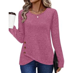 imageXIEERDUO Tunic Sweaters for Women Long Sleeve Shirts Crew Neck Tops with Buttons Fall Fashion Outfits Winter ClothingPurple Red