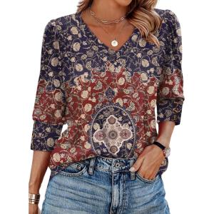 imageXIEERDUO Womens 34 Sleeve Tops with Buttons VNeck Summer Outfits Casual Blouses Shirts Beach Vacation Fall Clothes 2025Fboho Medallion