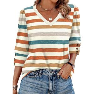 imageXIEERDUO Womens 34 Sleeve Tops with Buttons VNeck Summer Outfits Casual Blouses Shirts Beach Vacation Fall Clothes 2025Fcolorful Stripes