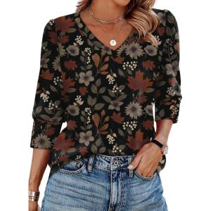 imageXIEERDUO Womens 34 Sleeve Tops with Buttons VNeck Summer Outfits Casual Blouses Shirts Beach Vacation Fall Clothes 2025Fdark Floral Leaf