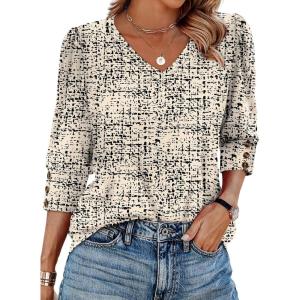 imageXIEERDUO Womens 34 Sleeve Tops with Buttons VNeck Summer Outfits Casual Blouses Shirts Beach Vacation Fall Clothes 2025Fgrid Texture