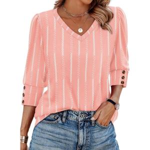 imageXIEERDUO Womens 34 Sleeve Tops with Buttons VNeck Summer Outfits Casual Blouses Shirts Beach Vacation Fall Clothes 2025Fpink Stripes