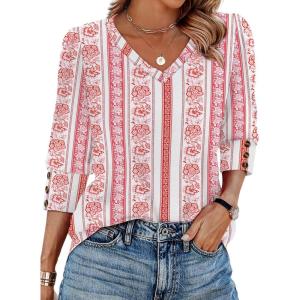 imageXIEERDUO Womens 34 Sleeve Tops with Buttons VNeck Summer Outfits Casual Blouses Shirts Beach Vacation Fall Clothes 2025Fred Floral Stripe