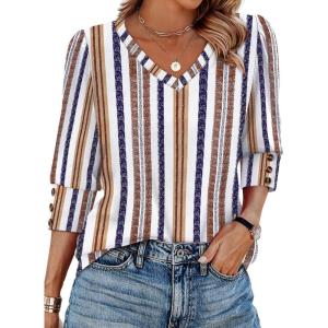 imageXIEERDUO Womens 34 Sleeve Tops with Buttons VNeck Summer Outfits Casual Blouses Shirts Beach Vacation Fall Clothes 2025Fretro Stripe