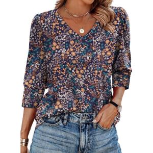 imageXIEERDUO Womens 34 Sleeve Tops with Buttons VNeck Summer Outfits Casual Blouses Shirts Beach Vacation Fall Clothes 2025Fvintage Floral