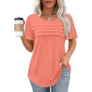 imageXIEERDUO Womens Pleated Tops Dressy Casual Short Sleeve Shirts Fashion Blouses Loose Curved Hem Long Tunic S3XLCoral
