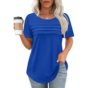 imageXIEERDUO Womens Pleated Tops Dressy Casual Short Sleeve Shirts Fashion Blouses Loose Curved Hem Long Tunic S3XLRoyal Blue